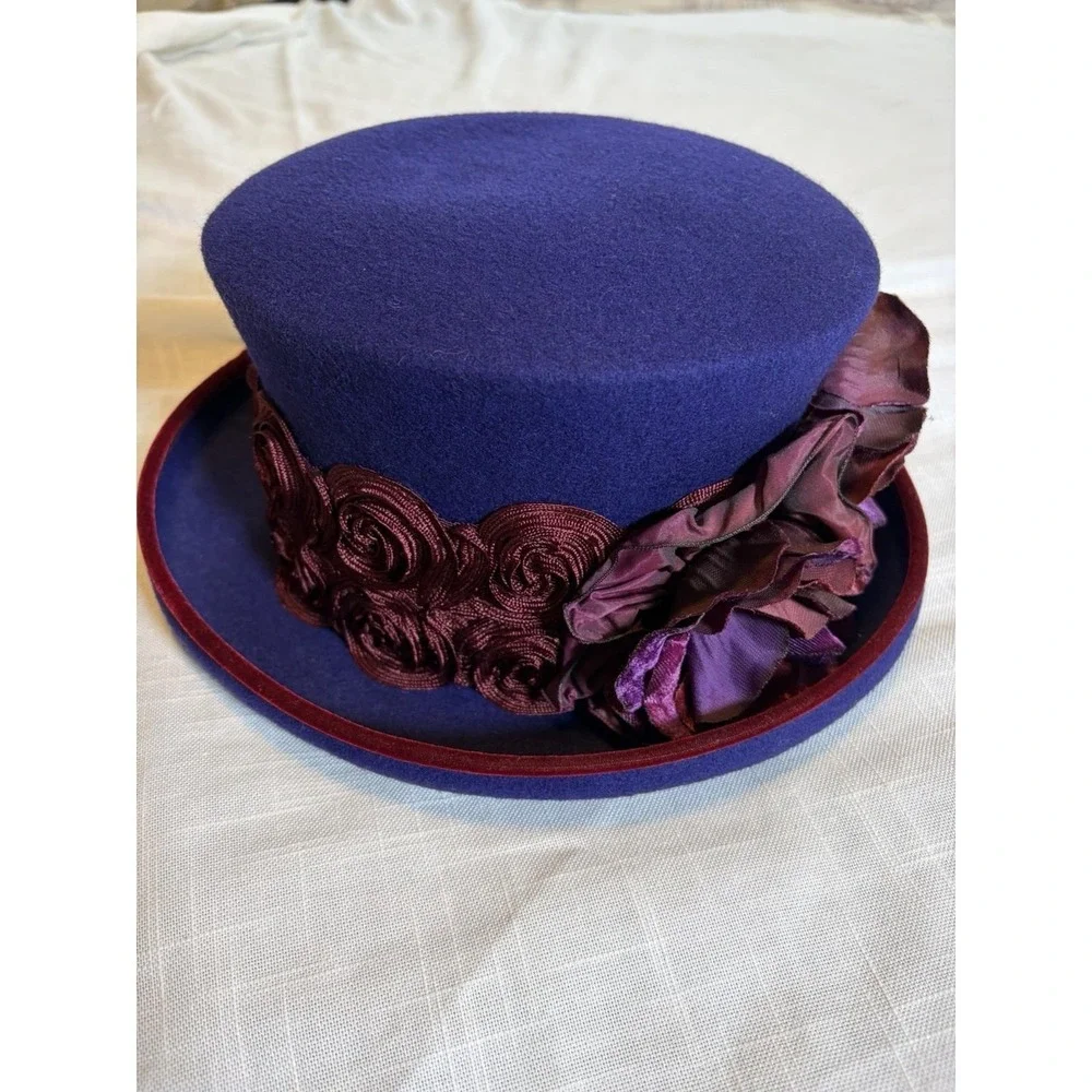 Vtg 80's Eric Javits NY Purple Wool Mad Hatter Hat~Womens~ Burgundy Flowers USA - Picture 6 of 14